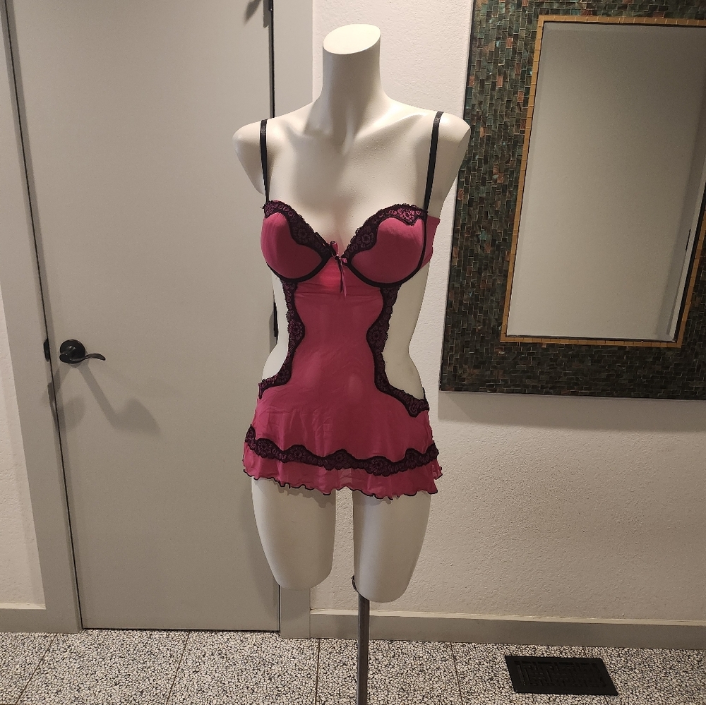Pink Lace-Trim Chemise with Black Accents